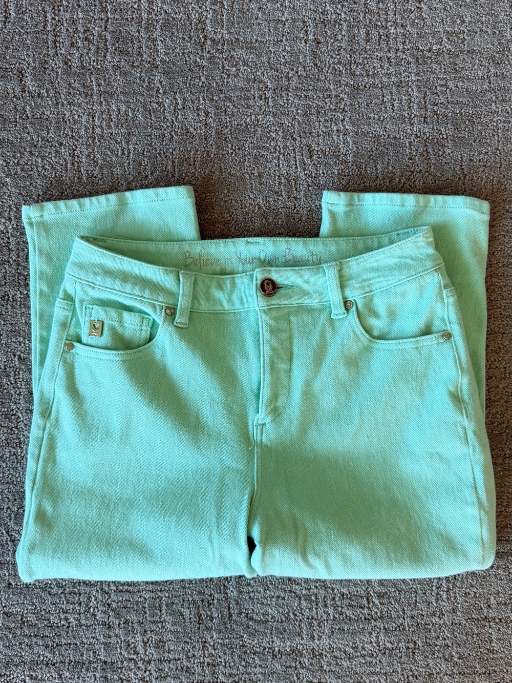 Belle by Kim Gravel Mint Green Stretch Straight Leg Jeans Size 8
